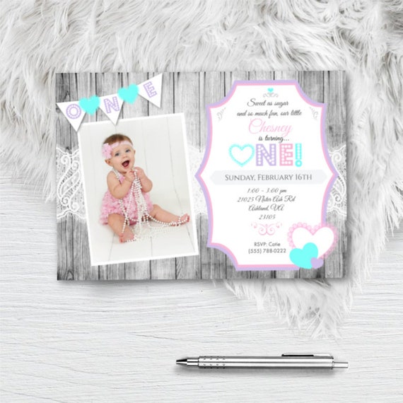 Valentines Birthday invitation with photo Girl 1st Valentines Day invite hearts purple pink birthday photo wood rustic lace vday sweetheart Il_570xn