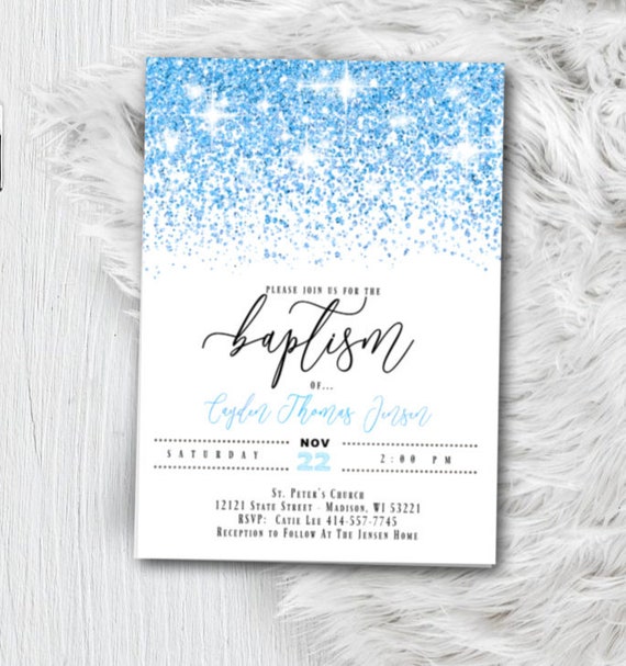 Baptism Invitation for Boy or girl, Blue pink Rose Gold Blush Baby Christening Invite, Glitter Confetti Elegant Printed or Printable Invites Il_570xn
