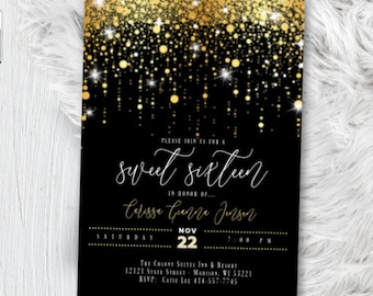 Sweet 16 Birthday Invitation, black and gold party quinceanera invitations, Glitter Confetti Party Invite (Digital File)