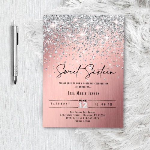 Sweet 16 Rose Gold Birthday Party Invitation Editable Etsy