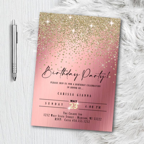 Pink and Gold Birthday Invitation Template Editable Any Age - Etsy