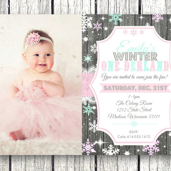 1st birthday photo invitation winter snowflake one-derland rustic  pink teal winter wonderland onederland 5x7