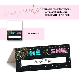 May include: Foldable food tent cards with a black background, gold accents, and the text "HE or SHE". The cards are approximately 3.5 x 2 inches folded and feature space for food names. The design includes fireworks and the word "Bomb Pops".