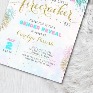 May include: A gender reveal party invitation with a fireworks theme. The invitation features gold glitter text that reads "Our Little Firecracker" and "Gender Reveal." The date and time are displayed in blue and pink. The invitation includes the name Carolyn Parrish.