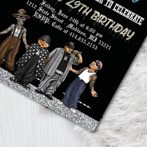 May include: Black invitation card with cartoon illustrations of four figures in lowrider style. The text reads "29th Birthday" and includes event details: date, time, location, and RSVP information.
