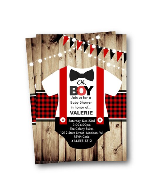 Boy Baby Shower invitation bowtie Christmas plaid red and black onesie bowtie bow tie suspenders rustic oh boy little man baby shower invite Il_570xn