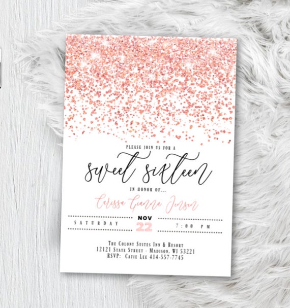 Rose Gold Sweet 16 Invitation, Quinceanera Sweet 15, Sixteen, Any Age Birthday Invite, Printed Script Glitter Pink Blush Confetti Party Il_570xn