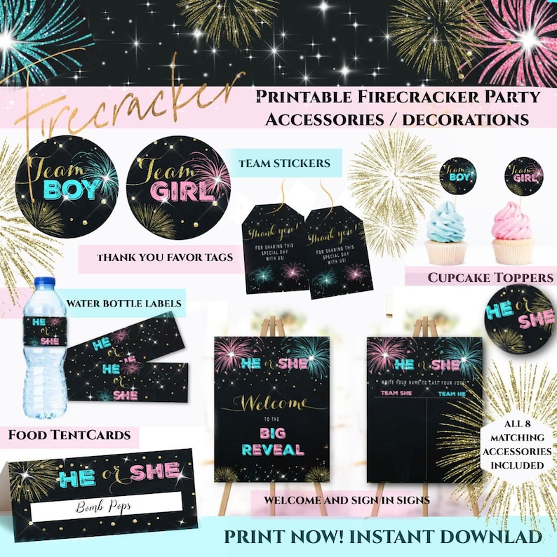 May include: A collection of printable firecracker party accessories and decorations, including stickers, favor tags, water bottle labels, food tent cards, welcome signs, and cupcake toppers. The theme is a gender reveal party, with "He or She" and "Team Boy/Girl" designs.