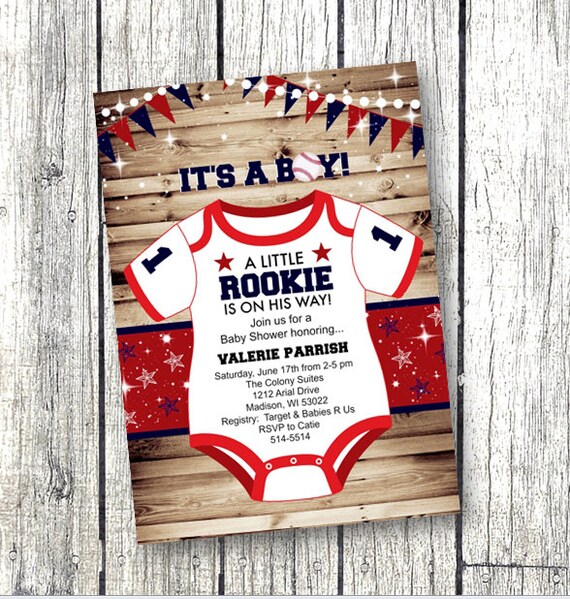 Sports Baby Shower invitation rookie onesie red white and blue little rookie baseball rustic vintage adorable printed or printable invite Il_570xn