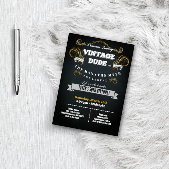 Vintage Dude Birthday Invitation Adult Man / Men - 30th - 40th - 50th - 60th - 70th - 80th ANY AGE - Black and Gold Birthday Party Invite Il_570xn