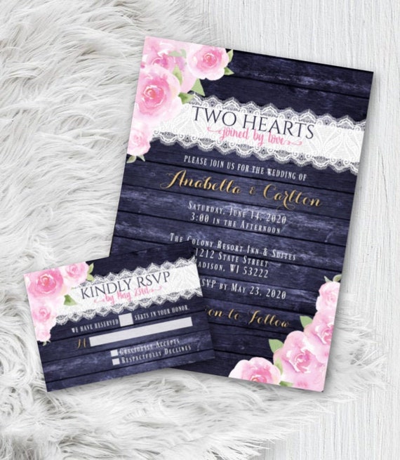 Navy and Blush Wedding Invitation, Rustic Navy Blue and Blush Pink Floral Rose Barn Wood Gold Print Printed Invitation Wedding Set with RSVP Il_570xn
