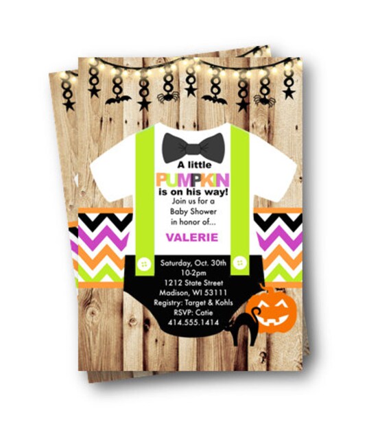 Halloween Baby Shower Invitation Little Pumpkin Onesie Chevron cute and spooky printed or printable orange purple green black bow tie bowtie Il_570xn