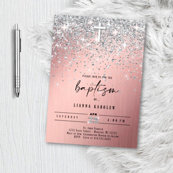 Baptism Invitation Girl, Rose Gold Blush Pink And Silver Baby Christening Invite, Glitter Confetti Elegant Printed or Printable Invites Il_570xn