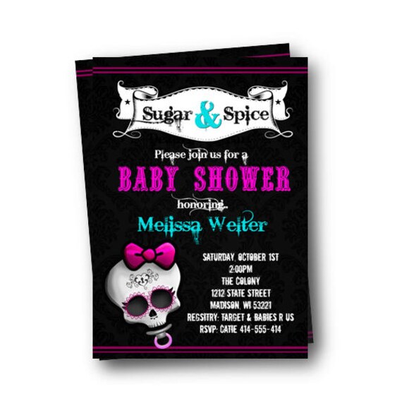 Sugar Skull Baby Shower Invitation - skull baby shower pink and teal black baby skulls day of the dead baby shower damask girl invites Il_570xn