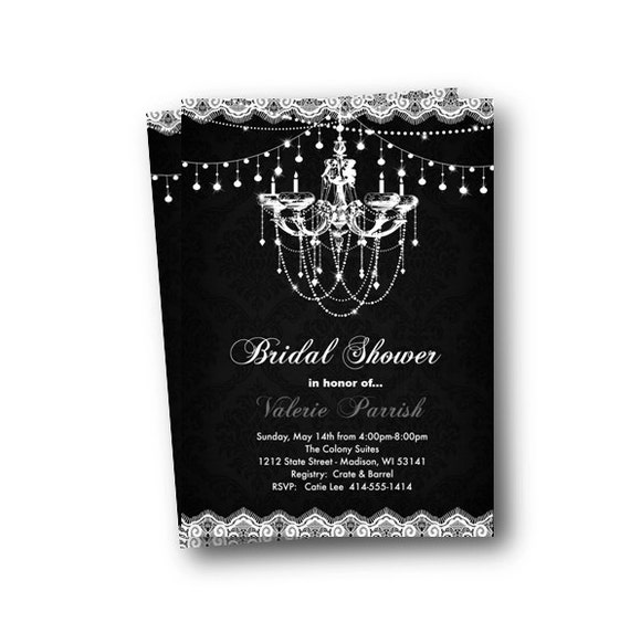 Bridal Shower Invitation black and white with chandelier halloween wedding gothic masquerade classy damask lace crystals bridal printed Il_570xn