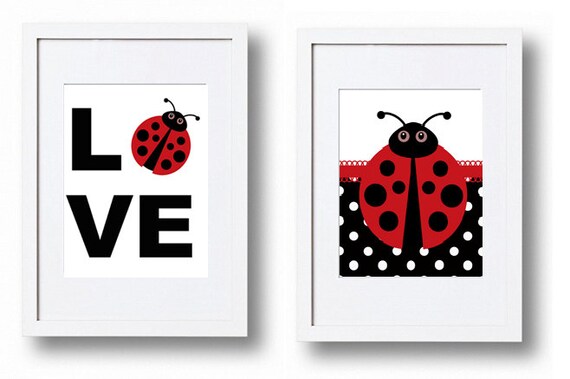 Ladybug nursery decor wall art Love pictures red black and white