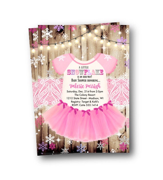 Winter Wonderland Baby Shower Invitations girl Christmas Baby Shower invite tutu Snowflake pink purple tutu onesie a little snowflake Il_570xn