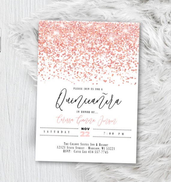 Rose Gold Quinceanera Invitation, Sweet 16 Sweet 15, Sixteen, Any Age Birthday Invite, Printed Script Glitter Pink Blush Confetti Party Il_570xn