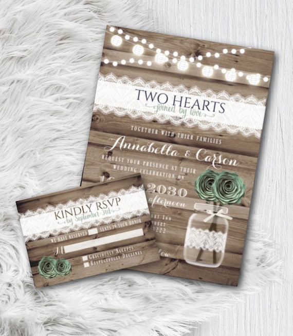 Sage Wedding Invitation Set with RSVP, rustic Green floral lace wood printed or printable Wedding Invite Suite Prints Dusty Sage Green Mint Il_570xn