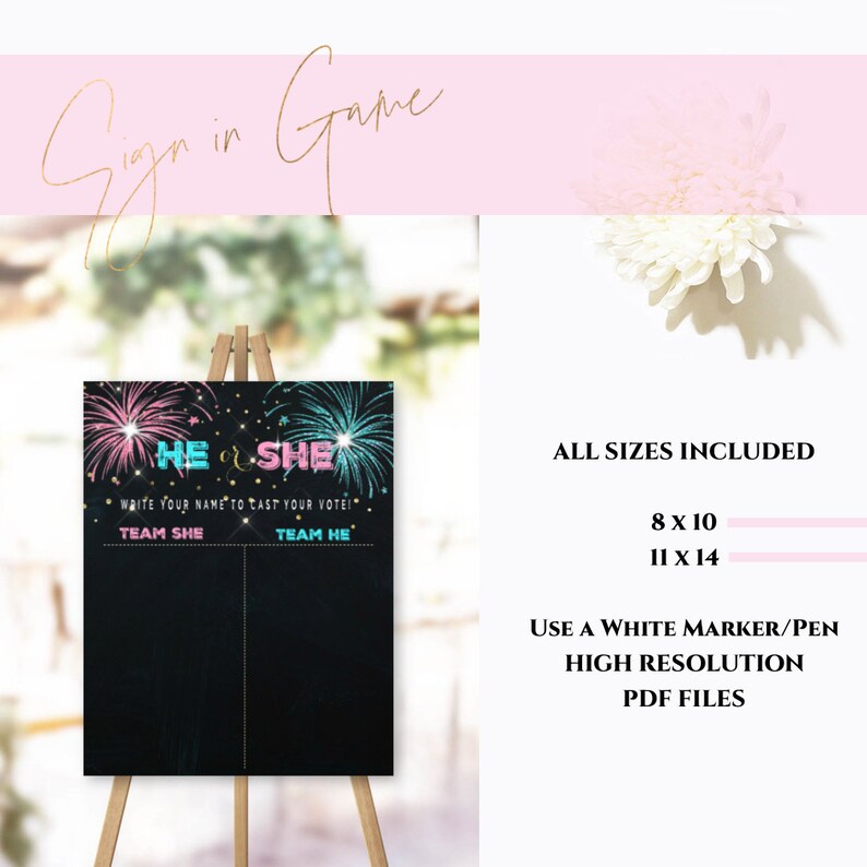 May include: A black chalkboard sign on a wooden easel with the text "HE or SHE" in pink and teal, with fireworks illustrations. The sign includes the text "WRITE YOUR NAME TO CAST YOUR VOTE!" and "TEAM SHE" and "TEAM HE".