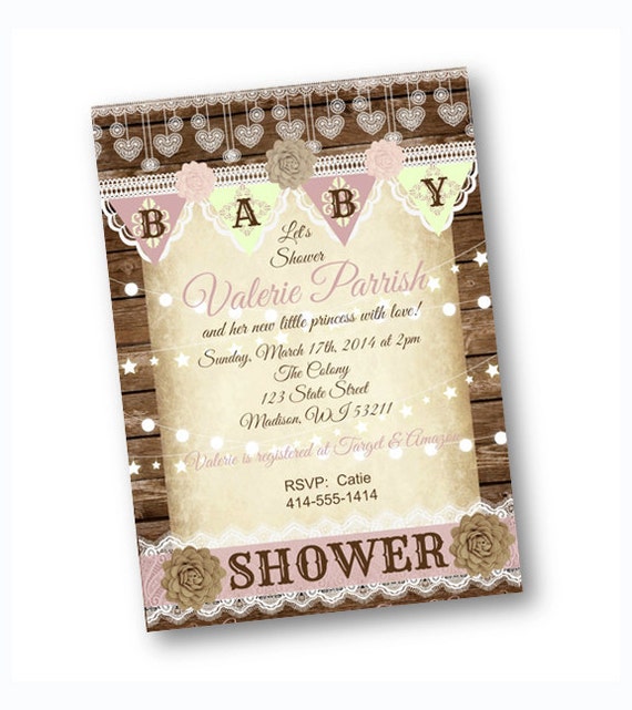 Rustic Baby Shower Invitation pink and yellow vintage rustic for girl wood and lace shabby chic 5x7 printable Il_570xn