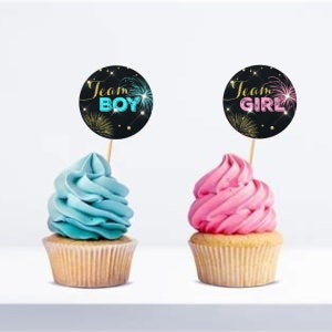 May include: Two cupcakes with blue and pink frosting, each topped with a circular pick. The picks read "Team BOY" and "Team GIRL" against a black background with gold and pink accents. The cupcakes sit in paper liners.