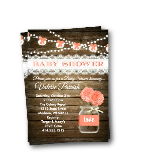 Fall Baby Shower invitation girl rustic coral orange shabby chic wood printable printed white bows baby shower invite for girls baby 5x7 Il_570xn