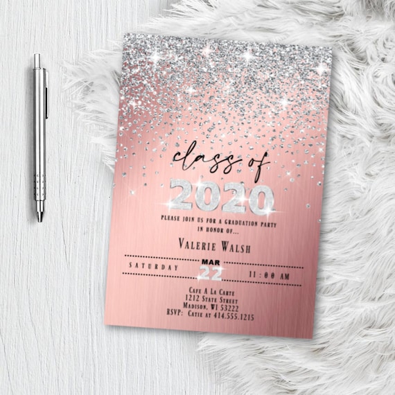 Rose Gold Graduation Party Invitation, Girl 2020 Photo Grad Party Invite Pink Silver Glitter Confetti Sparkle High School College Printed Il_570xn