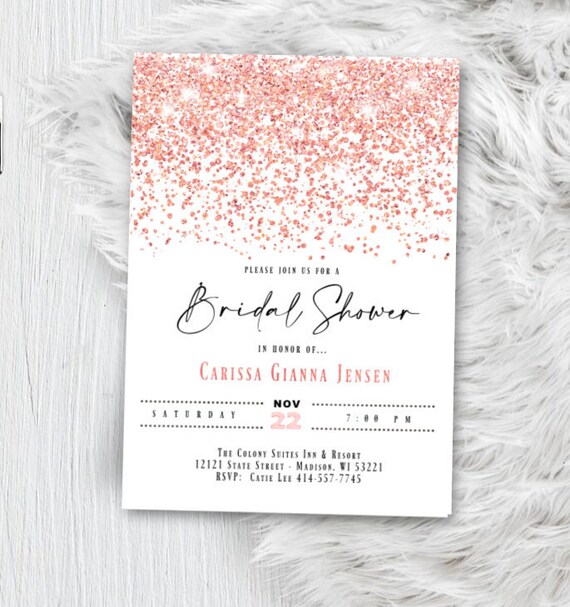 Rose Gold Bridal Shower Invitation, Wedding Shower Hens Party Pink Glitter Confetti Script Elegant Invite Wedding Printed Printable Bridal Il_570xn