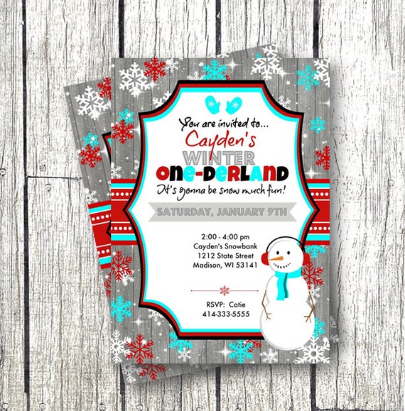 Winter Onederland boy 1st Birthday Invitation Wonderland teal red snowflakes Holiday Birthday 1st printed OR digital file! 5x7 paper goods Il_570xn