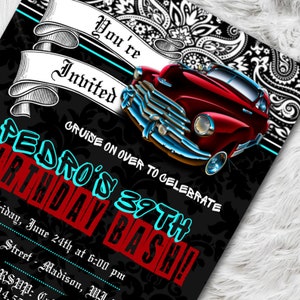 May include: Black and white birthday invitation with a red classic car illustration. The invitation includes the text "You're Invited" on a banner, and "Pedro's 39th Birthday Bash!" in a bold font. The background has a paisley design.