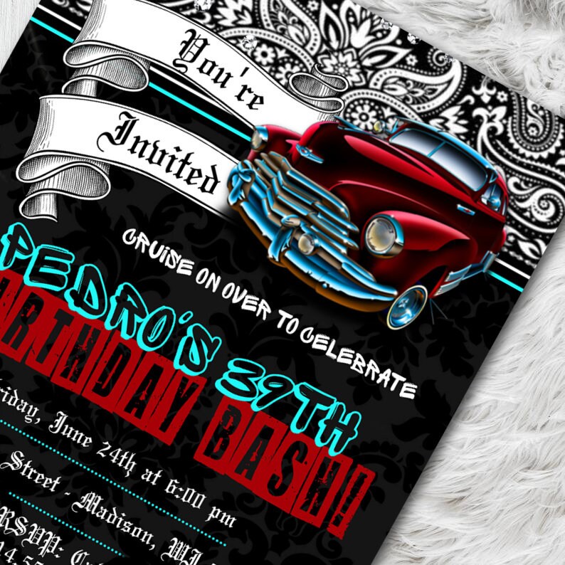 May include: Black and white birthday invitation with a red classic car illustration. The invitation includes the text "You're Invited" on a banner, and "Pedro's 39th Birthday Bash!" in a bold font. The background has a paisley design.