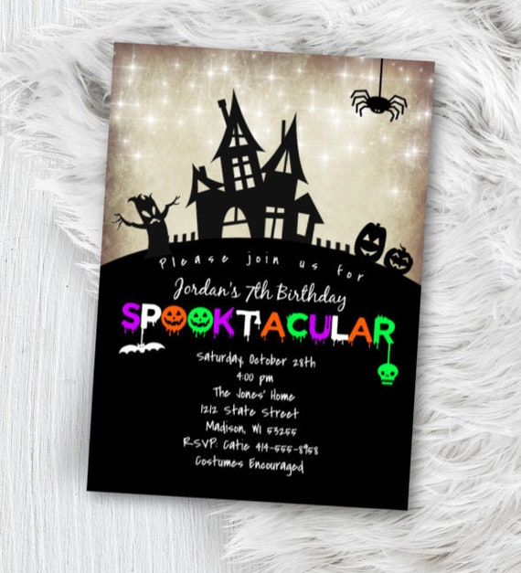 Halloween Invitation - Kids Birthday Spooktacular - Haunted House Pumpkin Spooky costume party invite - Printed or Digital File Printable Il_570xn