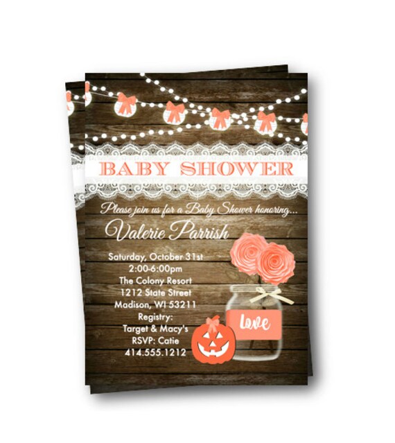 Halloween Baby Shower Invitation for girl tutu Pumpkin Rustic coral mason jar printed or printable orange baby shower girl halloween Il_570xn