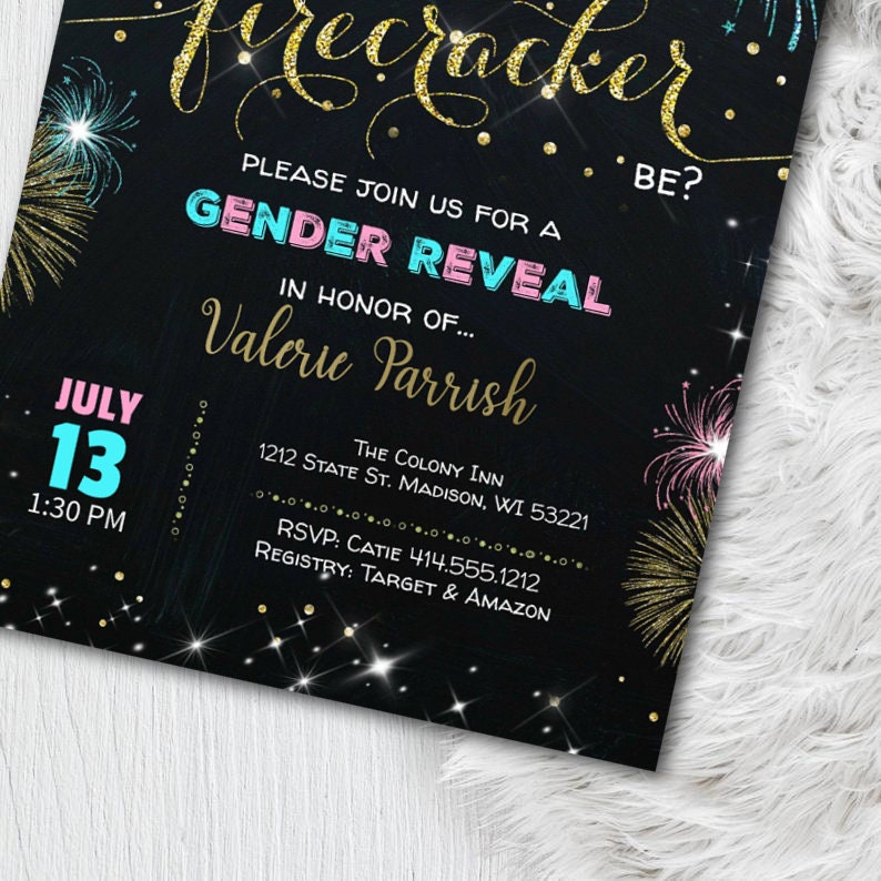 May include: A black gender reveal invitation with gold glitter text that reads "firecracker". The invitation includes the date, time, and location of the event, along with the name Valerie Parrish. Fireworks and stars decorate the invitation.