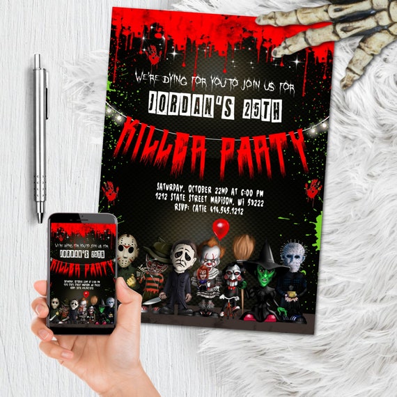 Halloween Birthday Invitation , Killer Party Horror Movie Party Invite