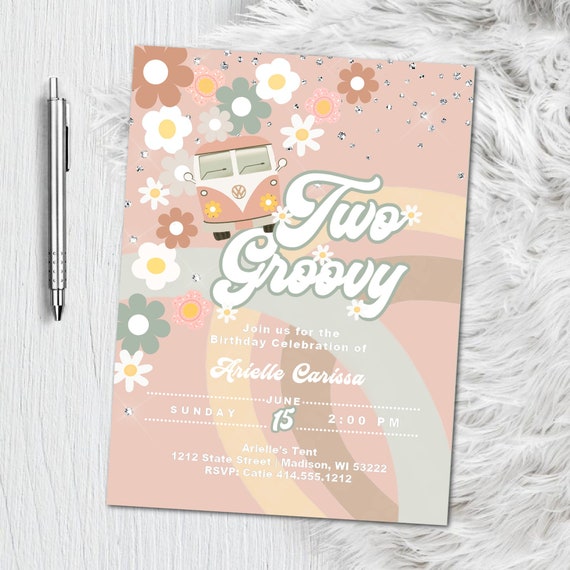 Two Groovy Birthday Invitation - Two Groovy Invites - Rainbow Boho Pink and Green Groove 70s Hippy Party - Digital or Prints - Groovy One 2 Il_570xn