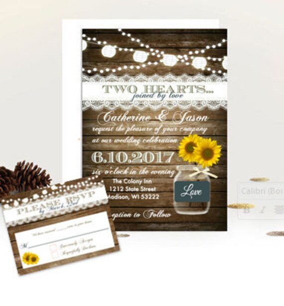Sunflower Wedding Invitation Mason Jar - wedding invitation suite wood rustic navy country wedding vintage wedding invite with RSVP insert Il_570xn