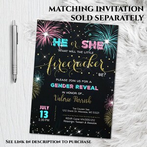 May include: Black gender reveal invitation with pink and teal fireworks and gold glitter text. The invitation reads "He or She, What will the little firecracker be?" and includes event details for Valerie Parrish's gender reveal.
