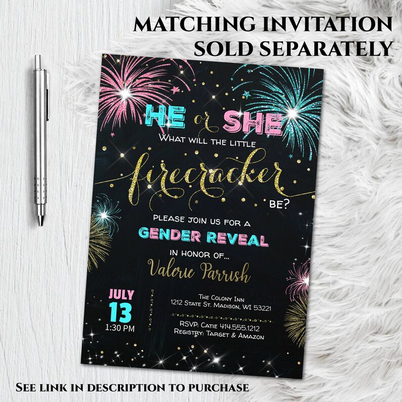 May include: Black gender reveal invitation with pink and teal fireworks and gold glitter text. The invitation reads "He or She, What will the little firecracker be?" and includes event details for Valerie Parrish's gender reveal.