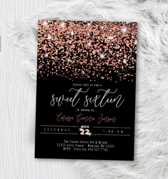 Rose Gold Sweet 16 Invitation, Quinceanera Sweet 15, Sixteen, Any Age Birthday Invite, Printed Script Glitter Pink Blush Confetti Party Il_570xn