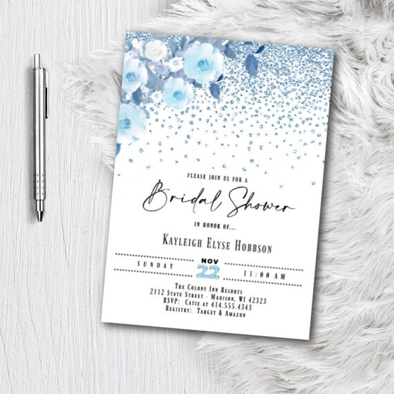 Bridal Shower Invitation Dusty Blue Floral, Glitter Confetti Wedding Shower invite, printed or printable, Miss to Mrs Blue and White Invite Il_570xn