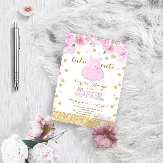 TUTU birthday invitation pink and gold party invite with glitter - ballerina invitation printed or printable 5x7 floral princess invitation Il_570xn