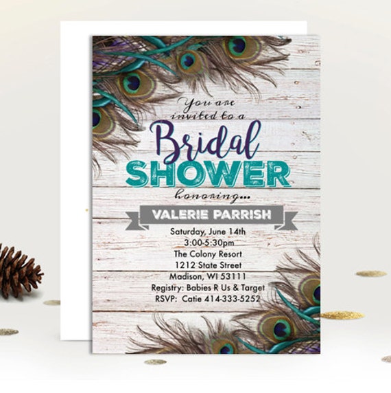 Peacock Bridal Shower Invitation - wood peacock themed wedding - printed or printable options - blue turquoise teal purple feather invites Il_570xn