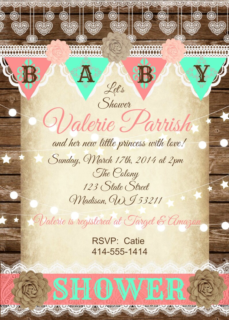 Rustic Vintage Lace Baby Shower Invitation for girl wood and | Etsy