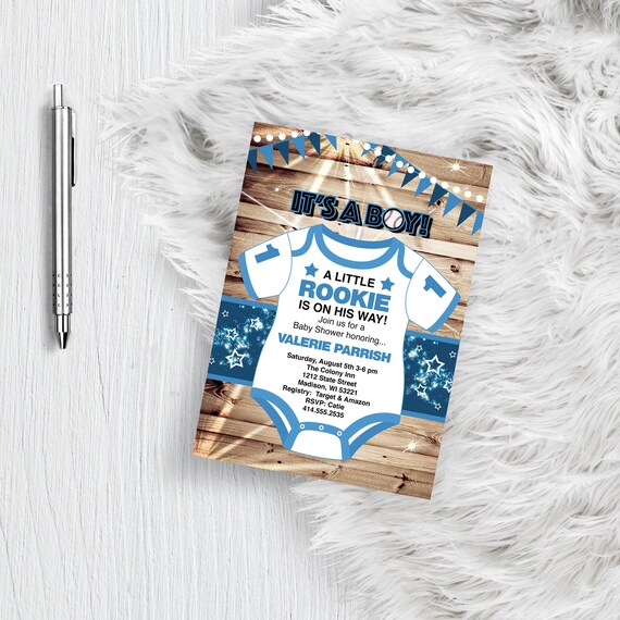 Sports Baby Shower invitation rookie onesie Navy white and blue little rookie baseball rustic vintage adorable printed or printable invite Il_570xn