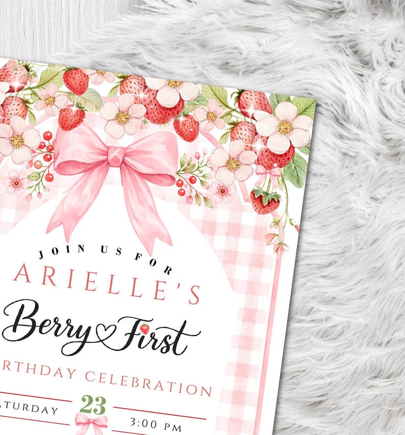 Berry First Birthday Invitation, Strawberry Party Invites, Pink and Red ...
