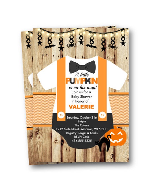 Halloween Baby Shower Invitation Little Pumpkin Rustic Onesie cute and spooky printed or printable orange purple green black bow tie bowtie Il_570xn