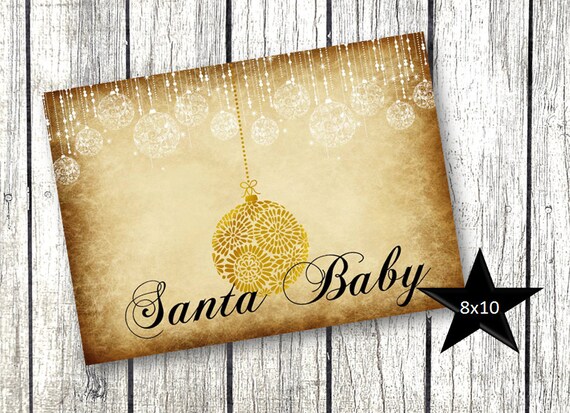 Santa Baby Christmas Decor GOLD Printable vintage rustic background with gold holiday ornaments 8x10 Il_570xn