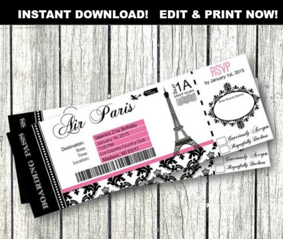 Paris Boarding Pass Invitation DIY EDITABLE Birthday Party RSVP Eiffel Tower Airplane Ticket printable birthday baby shower sweet 16 Il_570xn